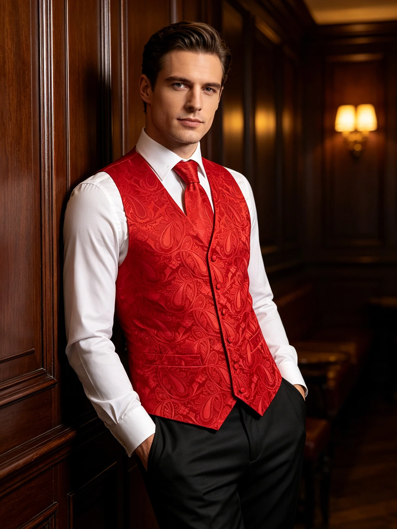 Bright Red Paisley Jacquard Waistcoat Accessory Kit Tie Pocket Square Cufflinks For Groom Wedding Engagement Gala
Bright Red Paisley Jacquard Waistcoat Accessory Kit Tie Pocket Square Cufflinks For Groom Wedding Engagement Gala