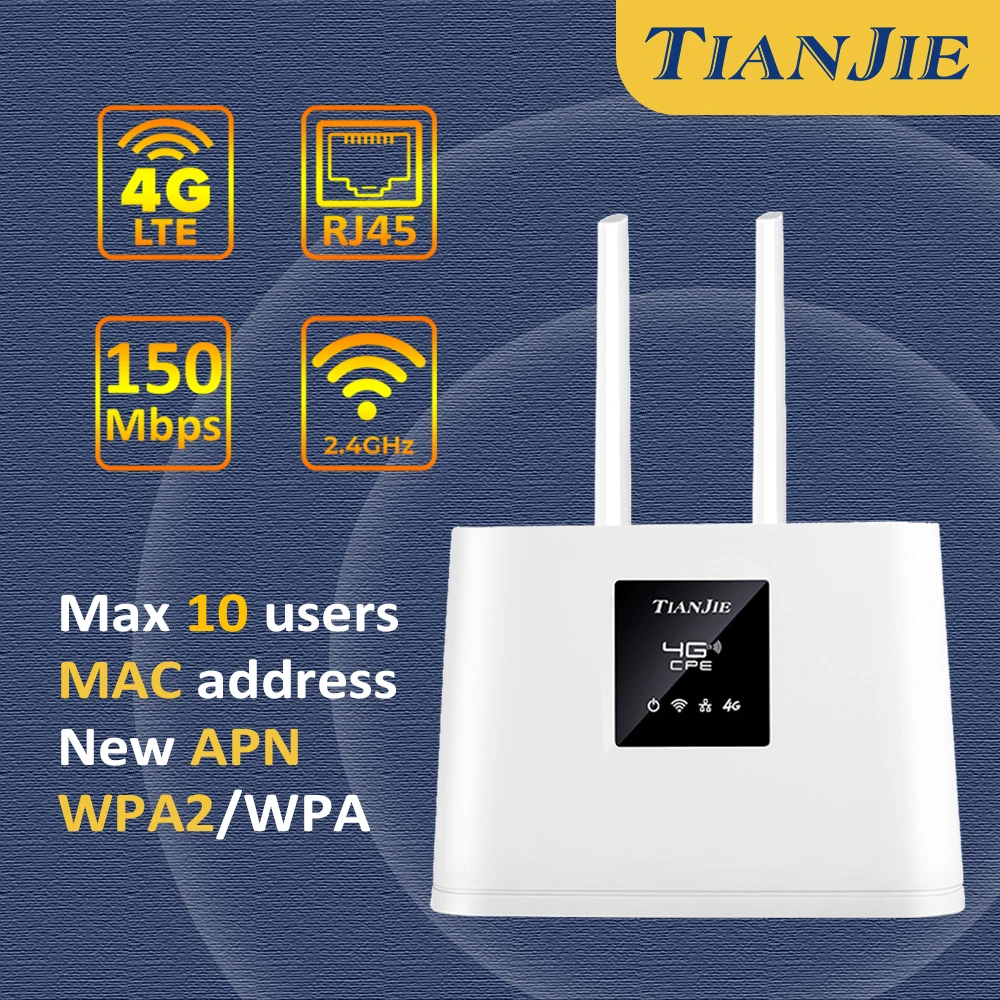  TIANJIE 4G LTE Router 150Mbps 2 External Antennas Power Signal Booster Wifi Hotspot Wireless Modem with Sim Card Slot
TIANJIE 4G LTE Router 150Mbps 2 External Antennas Power Signal Booster Wifi Hotspot Wireless Modem with Sim Card Slot
