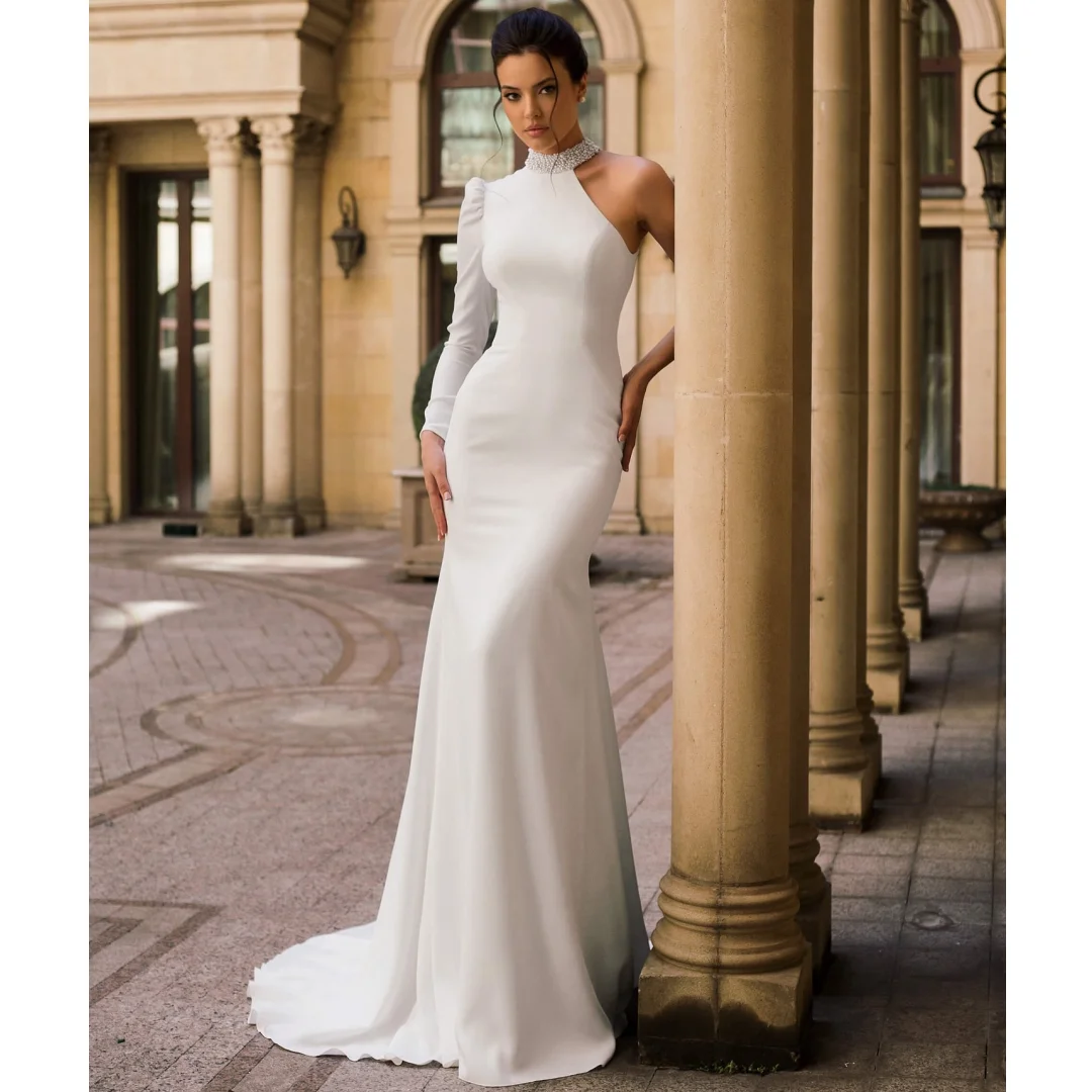 One Shoulder Mermaid Wedding Dresses for Brides Vestido de Novia Beading High Collar Robe De Soirée Customized Evening Dress
One Shoulder Mermaid Wedding Dresses for Brides Vestido de Novia Beading High Collar Robe De Soirée Customized Evening Dress