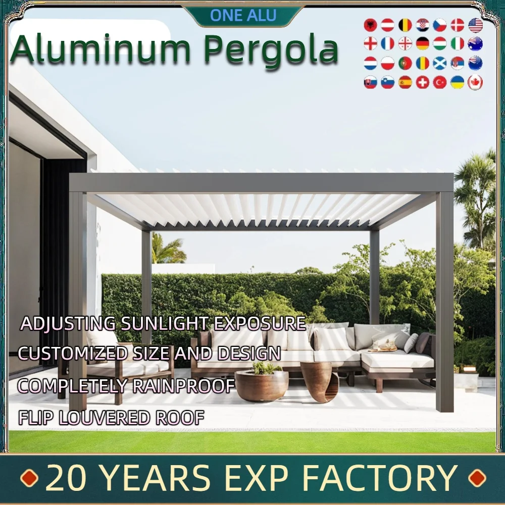 Bioclimatic Aluminum Pergola flip louvered roof customized size manual and motorized pergola in garden and yard roller blind
Bioclimatic Aluminum Pergola flip louvered roof customized size manual and motorized pergola in garden and yard roller blind
