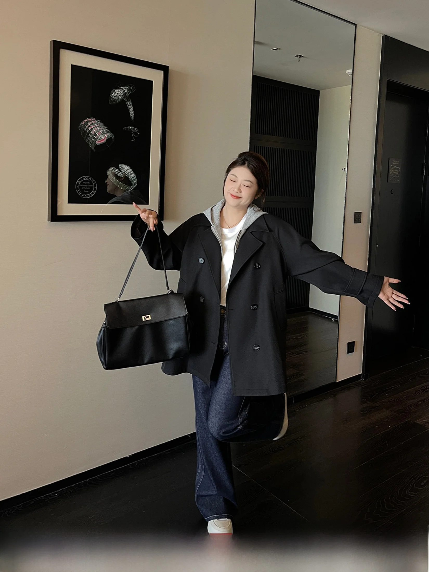 Bla Double-Breasted Hooded Windbreaker Women's Loose Fit Autumn Outerwear Sli plus Size Casual Versatile Slimming Coat
Bla Double-Breasted Hooded Windbreaker Women's Loose Fit Autumn Outerwear Sli plus Size Casual Versatile Slimming Coat