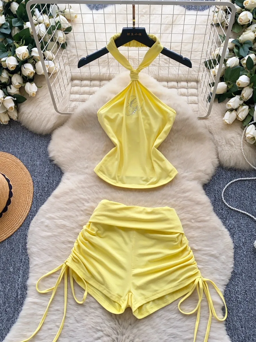 Foamlina Summer Tie Up Shorts Outfit PureDesire Hot Girl's High Street Y2k Girl's Halter Top + High Waist Drawstring Shorts Set
Foamlina Summer Tie Up Shorts Outfit PureDesire Hot Girl's High Street Y2k Girl's Halter Top + High Waist Drawstring Shorts Set