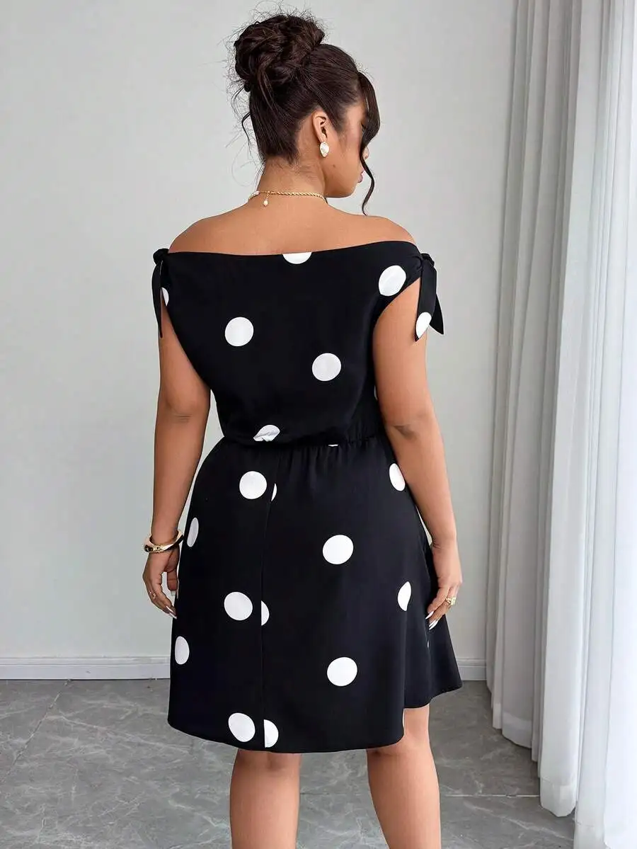 Plus Size Women Off Shoulder Polka Dot Bowknot Waist Cinched Asymmetric Hem A-Line Dress
Plus Size Women Off Shoulder Polka Dot Bowknot Waist Cinched Asymmetric Hem A-Line Dress