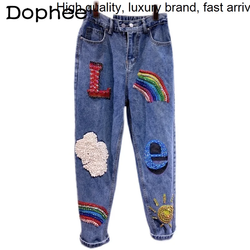 Beaded Diamond Handmade Jeans for Women 2023 New Spring Summer Rainbow Letter Casual Baggy Blue Jogger Harem Denim Pants
Beaded Diamond Handmade Jeans for Women 2023 New Spring Summer Rainbow Letter Casual Baggy Blue Jogger Harem Denim Pants