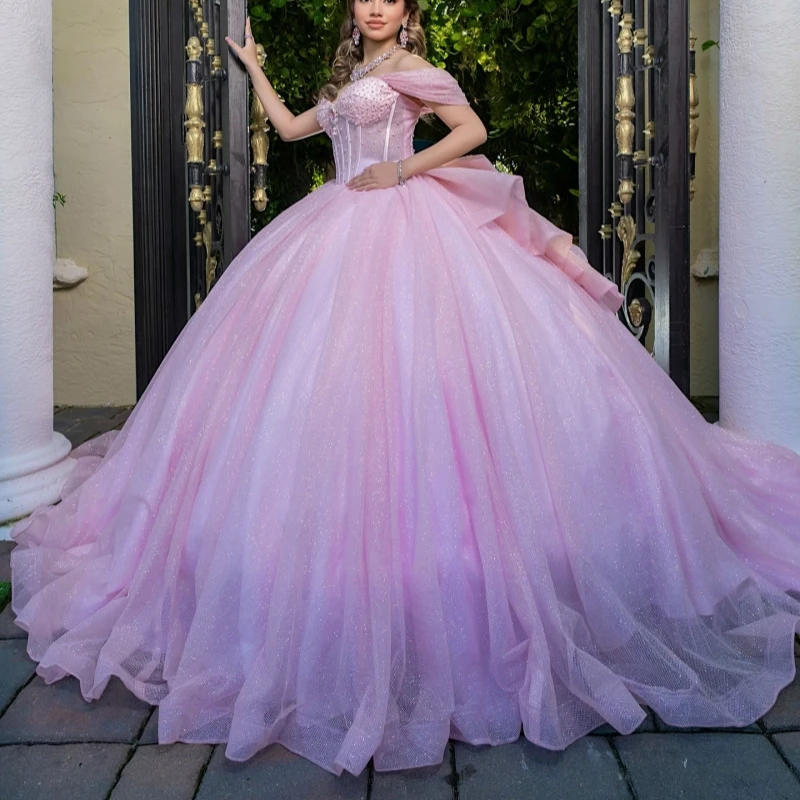 Pink Shiny Quinceanera Dresses Ball Gown Off The Shoulder Beading Bow Tull Sweet 16 Dress Vestidos 15 De Anos
Pink Shiny Quinceanera Dresses Ball Gown Off The Shoulder Beading Bow Tull Sweet 16 Dress Vestidos 15 De Anos