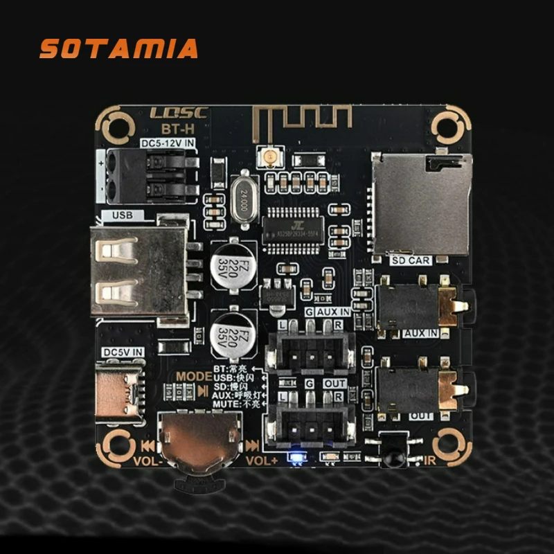 Плата аудиодекодирования SOTAMIA 5V/12V Bluetooth 5.1 с поддержкой подключения к антенне, USB-накопителю, SD-карте, воспроизведению через ИК-пульт и AUX
Плата аудиодекодирования SOTAMIA 5V/12V Bluetooth 5.1 с поддержкой подключения к антенне, USB-накопителю, SD-карте, воспроизведению через ИК-пульт и AUX