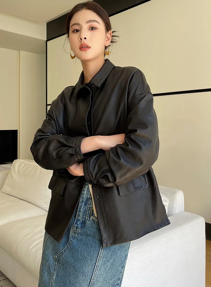 High-end Casual Black Genuine Leather Jacket for Women 2024 New Trend Simple Shirt Collar Natural Sheepskin Coat Spring Autumn
High-end Casual Black Genuine Leather Jacket for Women 2024 New Trend Simple Shirt Collar Natural Sheepskin Coat Spring Autumn