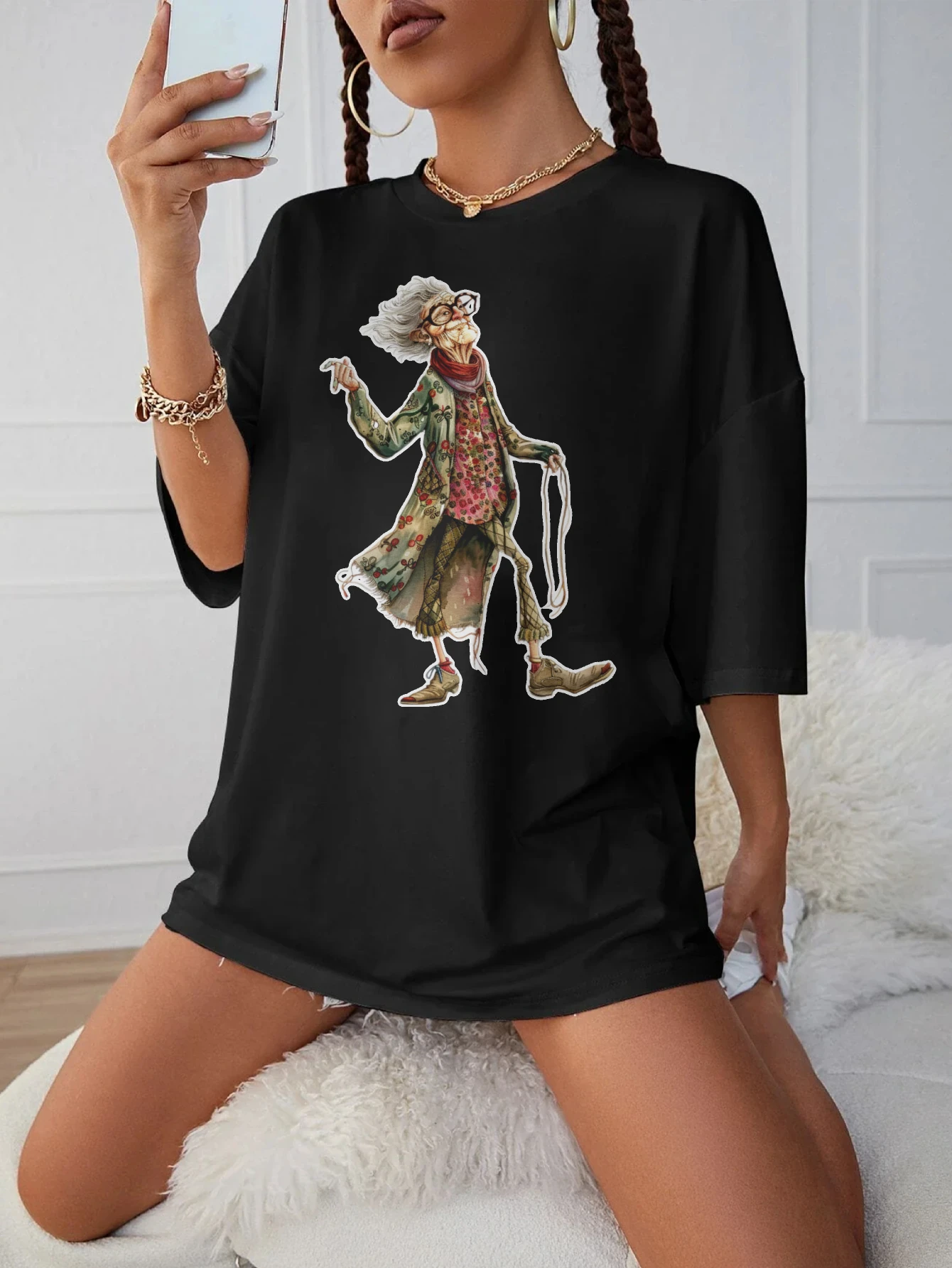 Quirky-Whimsical-Crazy-Grandma-Clipart Black Round Neck T-Shirt Loose Fit Trendy Wear for Women
Quirky-Whimsical-Crazy-Grandma-Clipart Black Round Neck T-Shirt Loose Fit Trendy Wear for Women