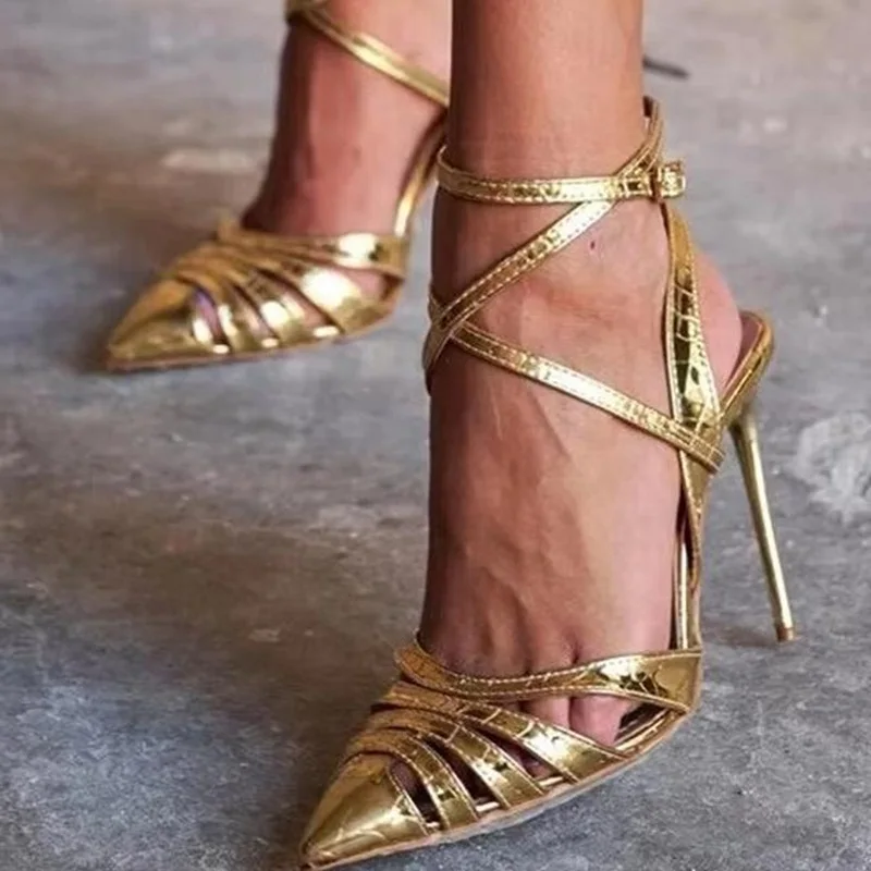 Gold Metallic Leather Thin Heels Hollow Celebrating Pumps Sexy Cross Strappy Shoes Pointed Toe Ankle Strap
Gold Metallic Leather Thin Heels Hollow Celebrating Pumps Sexy Cross Strappy Shoes Pointed Toe Ankle Strap