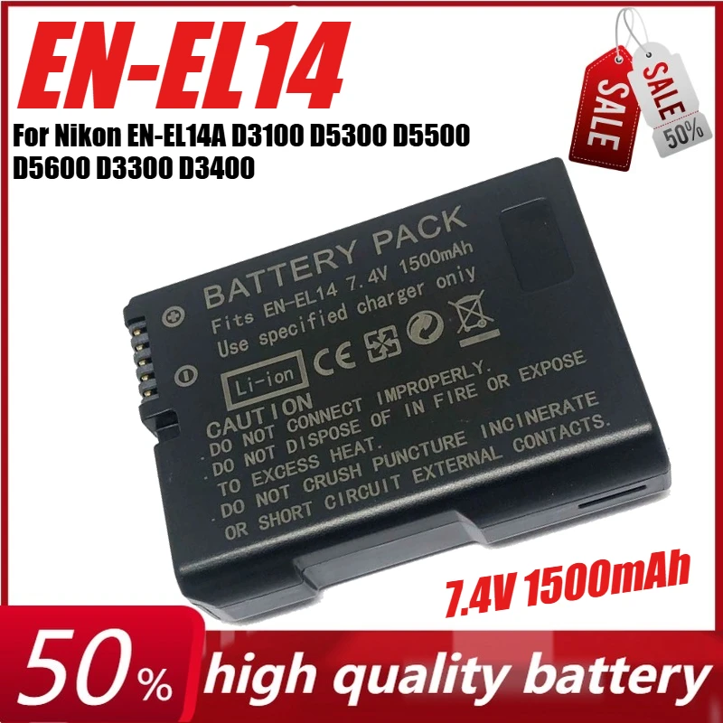 7.4V 1500mAh EN-EL14 Camera Battery for Nikon EN-EL14A D3100 D5300 D5500 D5600 D3300 D3400 Coolpix P7000 D3500 + USB Charger
7.4V 1500mAh EN-EL14 Camera Battery for Nikon EN-EL14A D3100 D5300 D5500 D5600 D3300 D3400 Coolpix P7000 D3500 + USB Charger