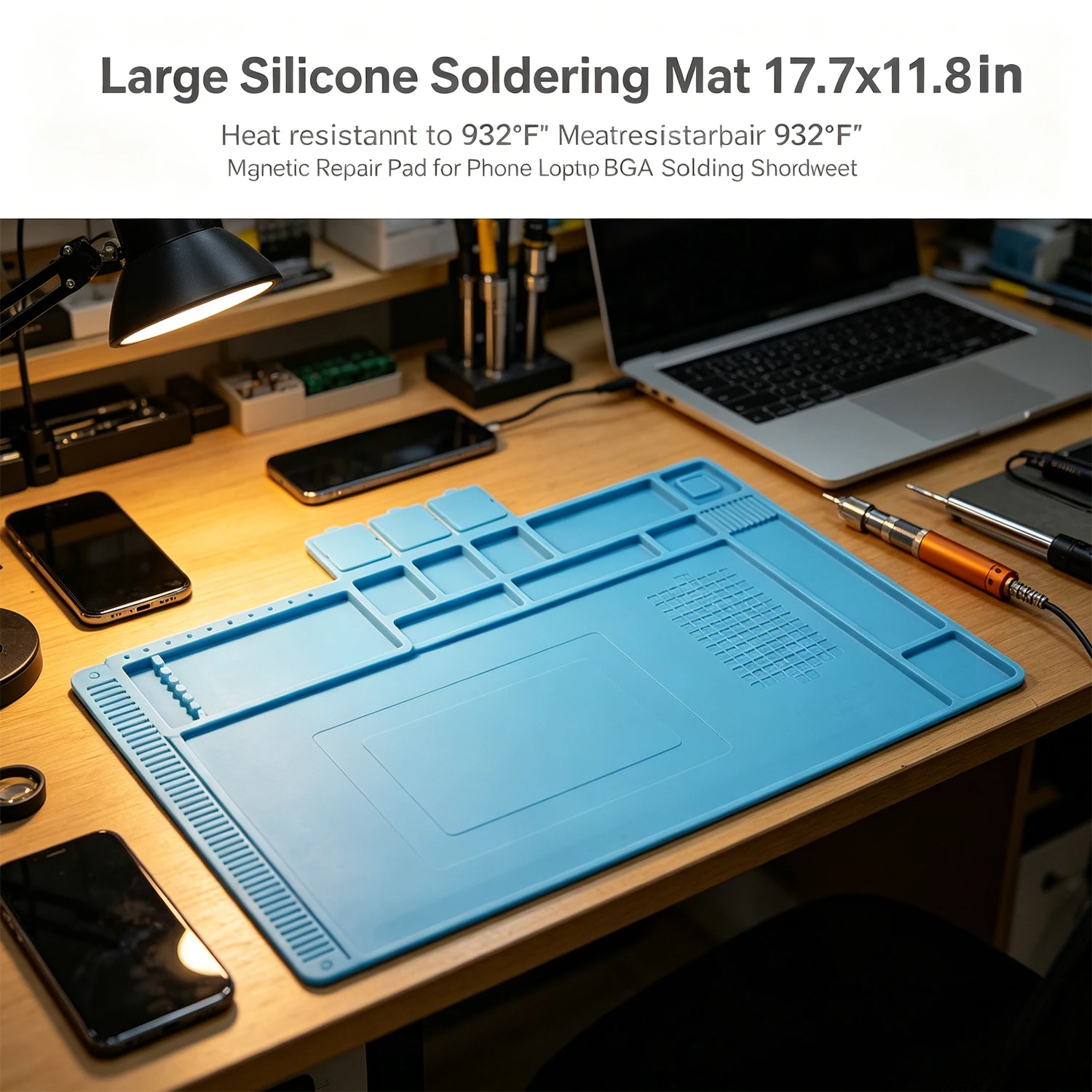 Large Silicone Soldering Mat 17.7x11.8" Heat Resistant to 932°F Magnetic Repair Pad for Phone Laptop BGA Soldering Workbench
Large Silicone Soldering Mat 17.7x11.8" Heat Resistant to 932°F Magnetic Repair Pad for Phone Laptop BGA Soldering Workbench