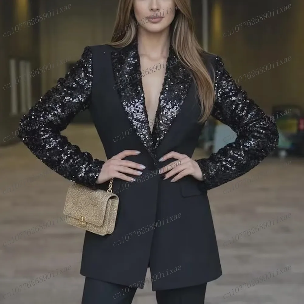 Black Sequin Formal Women Suit Lady Business Office Tuxedos Mother Wedding Party Ladies 2 Piece Set Blazer Pants Customized
Black Sequin Formal Women Suit Lady Business Office Tuxedos Mother Wedding Party Ladies 2 Piece Set Blazer Pants Customized