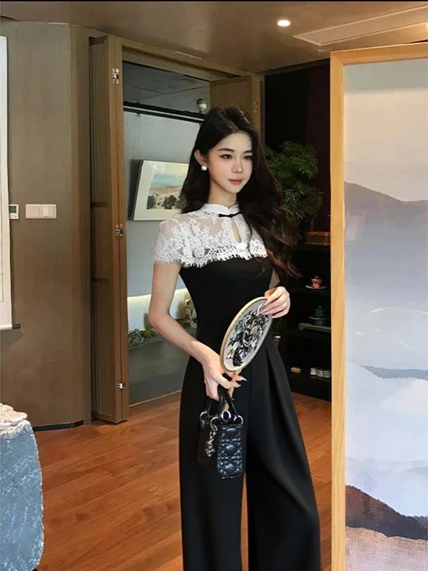 Elegant Lace Splice One-Piece Suit Women's New Chinese Style Summer High Waist Wide Leg Pants High Quality Fashionable
Elegant Lace Splice One-Piece Suit Women's New Chinese Style Summer High Waist Wide Leg Pants High Quality Fashionable