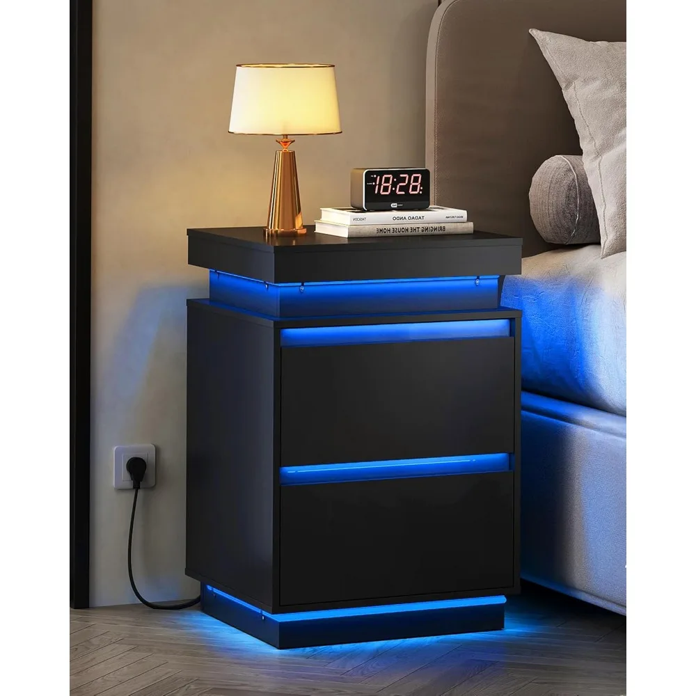 Black Nightstand with Charging Station and LED Lights, Bedside Table with 2 Wooden Drawers and Sliding Top, Modern End Tab
Black Nightstand with Charging Station and LED Lights, Bedside Table with 2 Wooden Drawers and Sliding Top, Modern End Tab