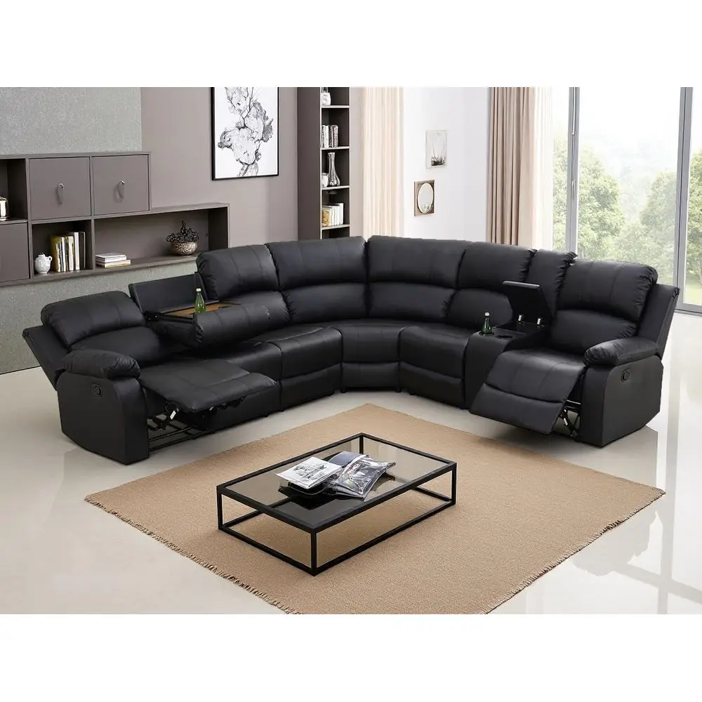 Black Leather 3-Piece Reclining Sectional Sofa Set with Drop-Down Table and Cup Holders
Black Leather 3-Piece Reclining Sectional Sofa Set with Drop-Down Table and Cup Holders