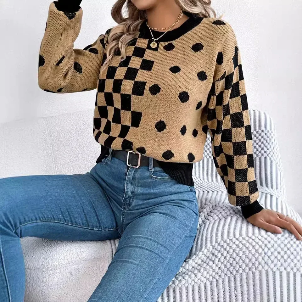 Lantern Sleeve Crewneck Knit Sweater for Women's Autumn and Winter Casual Loose Spell Color Polka Dot Check Pullover Sweater,
Lantern Sleeve Crewneck Knit Sweater for Women's Autumn and Winter Casual Loose Spell Color Polka Dot Check Pullover Sweater,