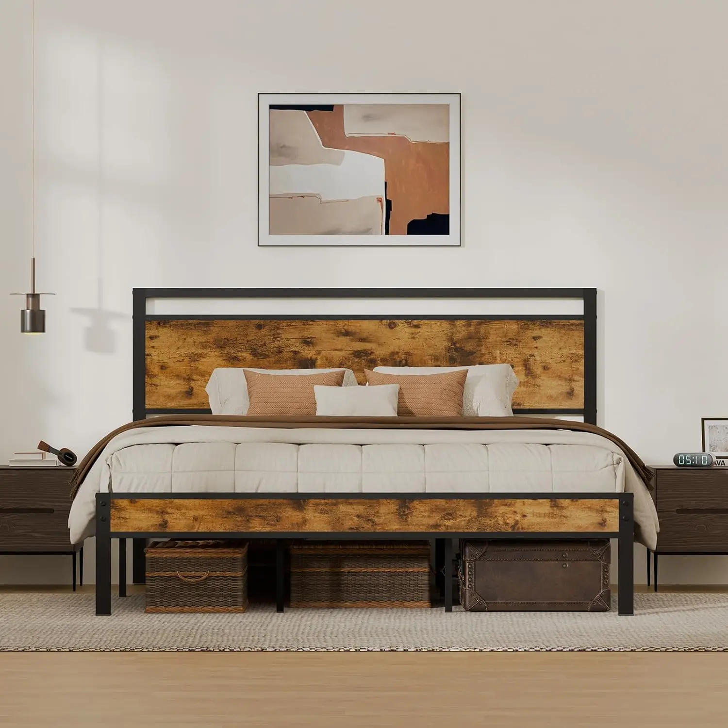 King Metal Bed Frame with Wooden Headboard and Footboard, Heavy Duty Platform Frame with Metal Slats, No Box Spring Need
King Metal Bed Frame with Wooden Headboard and Footboard, Heavy Duty Platform Frame with Metal Slats, No Box Spring Need