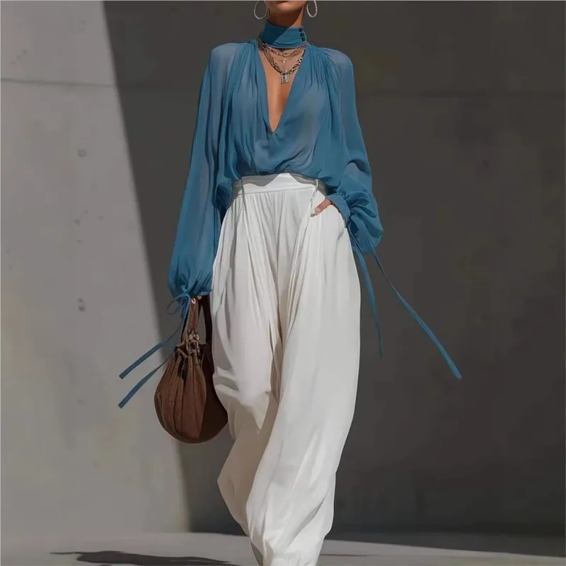 Blue Sexy See Through Top Female Fashion Hollowed Out Design Loose Deep V-neck Shirt Lady Elegant Versatile Long Sleeves Blouses
Blue Sexy See Through Top Female Fashion Hollowed Out Design Loose Deep V-neck Shirt Lady Elegant Versatile Long Sleeves Blouses