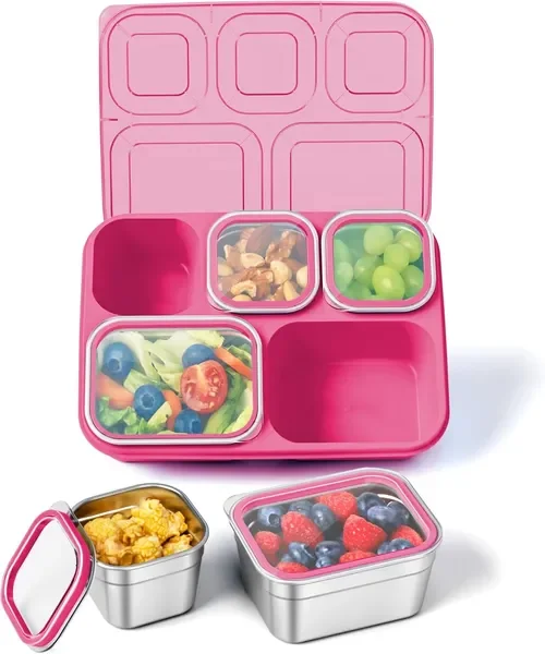 Pink Stainless Steel 5-Compartment Bento Box, Reusable Snack Container for School, Work, Travel, BPA Free, Dishwasher Safe
Pink Stainless Steel 5-Compartment Bento Box, Reusable Snack Container for School, Work, Travel, BPA Free, Dishwasher Safe
