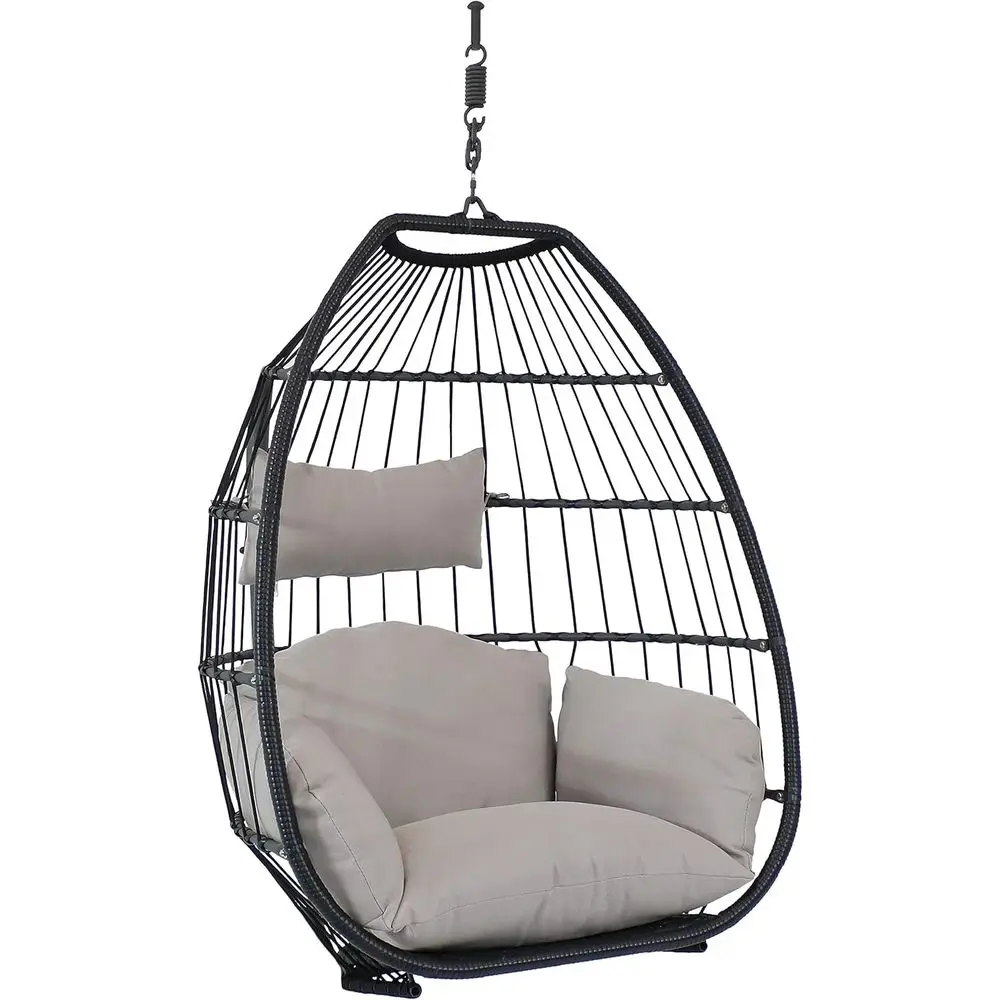 Black Resin Wicker Hanging Egg Chair with Gray Polyester Cushions, 48-Inch
Black Resin Wicker Hanging Egg Chair with Gray Polyester Cushions, 48-Inch