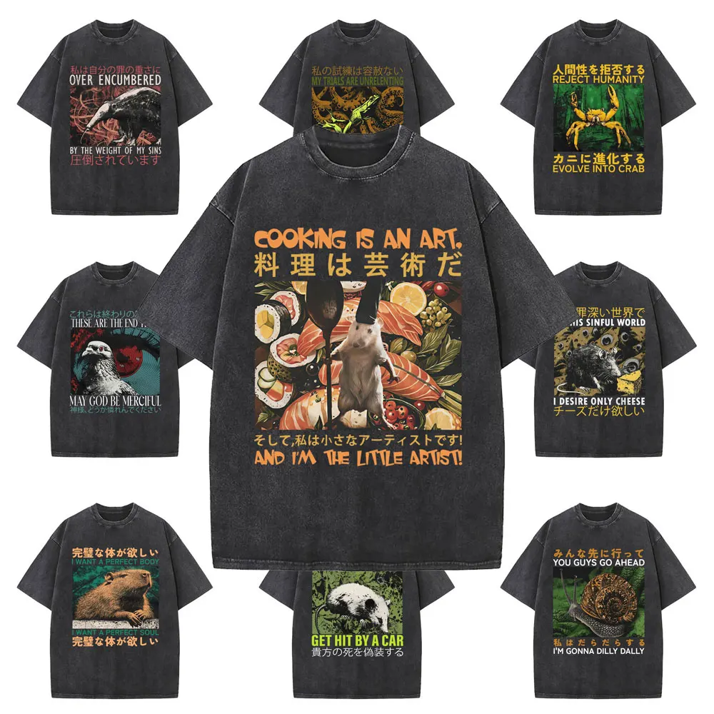 Japanese Funny Capybara Rat Snail Pigeons Raccoon Opossum Crab Frog Mouse Vintage Washed T-shirt Men Women Casual Cotton T Shirt
Japanese Funny Capybara Rat Snail Pigeons Raccoon Opossum Crab Frog Mouse Vintage Washed T-shirt Men Women Casual Cotton T Shirt