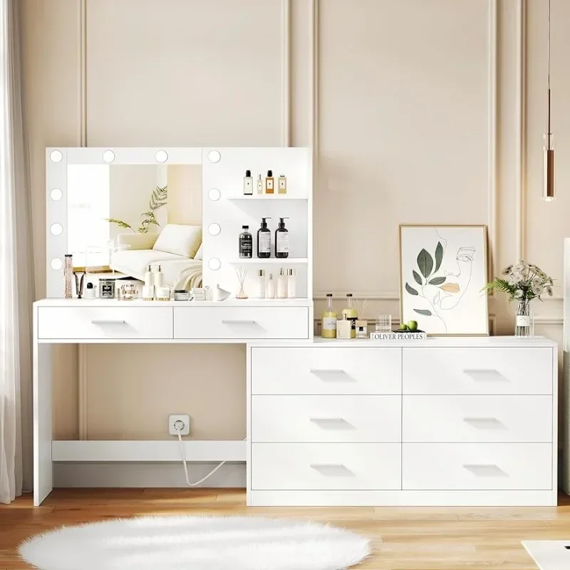 Vanity Desk with Mirror and 3-Color Lights, 8 Drawers Vanity Table with Side Storage Shelf, Dressing Table
Vanity Desk with Mirror and 3-Color Lights, 8 Drawers Vanity Table with Side Storage Shelf, Dressing Table