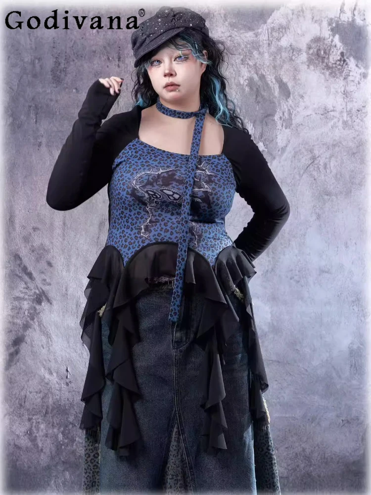 Large Size Irregular Ruffles Leopard Print Temperament Square Neck Long Sleeve Top Elegant Dark Blue Fashion Versatile T-shirt
Large Size Irregular Ruffles Leopard Print Temperament Square Neck Long Sleeve Top Elegant Dark Blue Fashion Versatile T-shirt