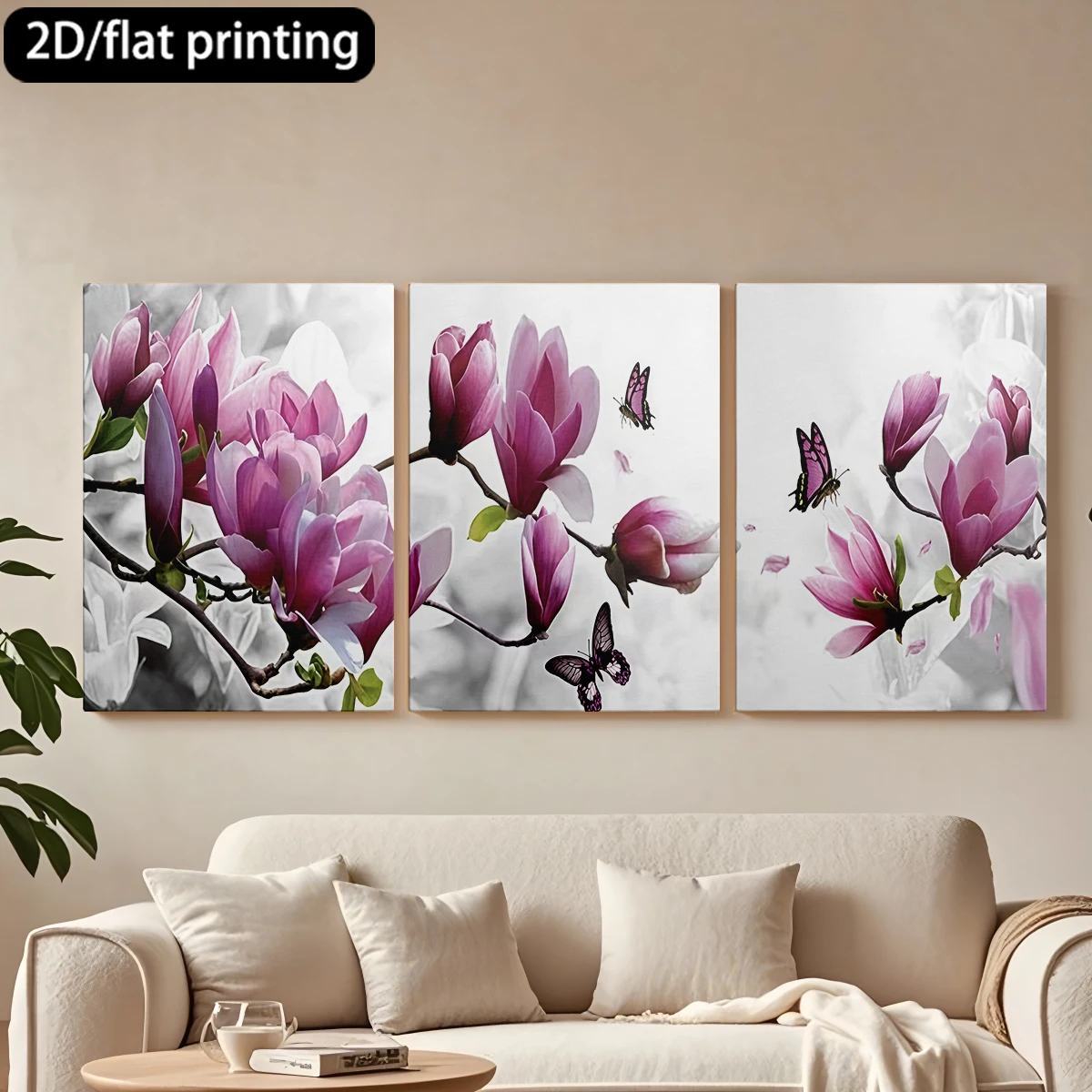 Three-panel decorative canvas paintingMagnolia blooms, butterflies, delicate scene.
Three-panel decorative canvas paintingMagnolia blooms, butterflies, delicate scene.