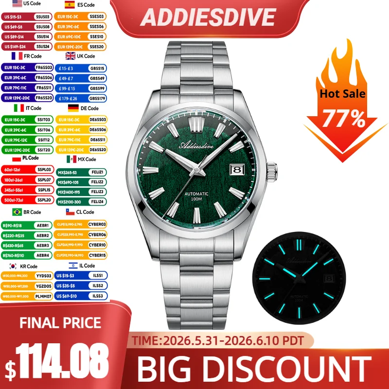 ADDIESDIVE 2024 Luxury Automatic Watches For Men NH35 Sapphire Glass 3D Bark Texture Dial Stainless Luminous Mechanical Watch
ADDIESDIVE 2024 Luxury Automatic Watches For Men NH35 Sapphire Glass 3D Bark Texture Dial Stainless Luminous Mechanical Watch