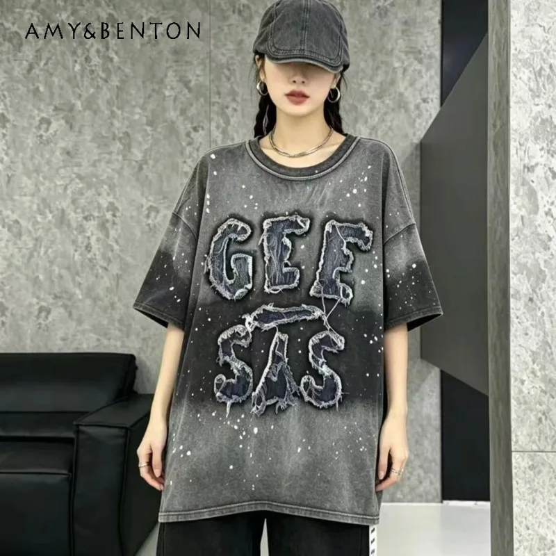 Women's T-shirt Summer New Arrivals Heavy Craft Letter Applique Gradient Color Splatter Ink Loose Fit Trendy Short Sleeves Tees
Women's T-shirt Summer New Arrivals Heavy Craft Letter Applique Gradient Color Splatter Ink Loose Fit Trendy Short Sleeves Tees
