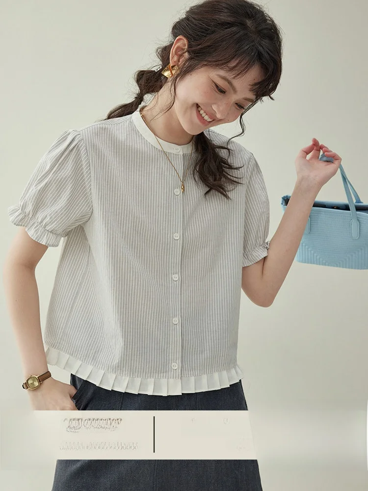 AMUU Original Korean Style round Neck Striped Bubble Sleeve Loose Short Sleeve Shirt Women's Tummy Control Splicing Top
AMUU Original Korean Style round Neck Striped Bubble Sleeve Loose Short Sleeve Shirt Women's Tummy Control Splicing Top