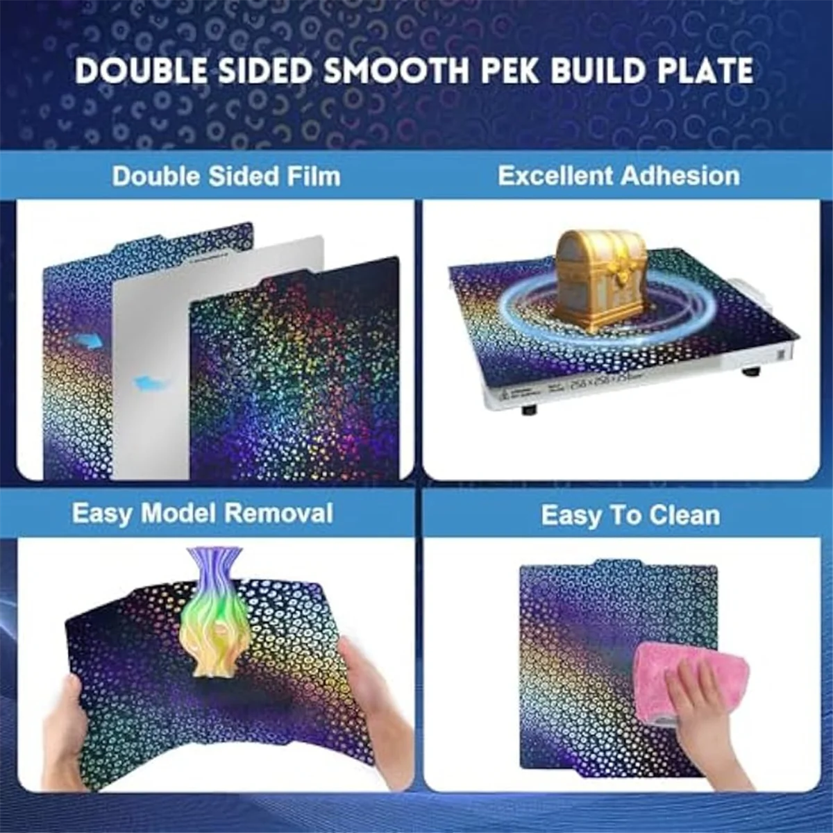 Радужные круги + калейдоскоп Текстурированный лист PEK для Bambu Lab X1/X1C/X1E/P1P/P1S/A1, гибкая рабочая пластина PEK 257x257 мм
Радужные круги + калейдоскоп Текстурированный лист PEK для Bambu Lab X1/X1C/X1E/P1P/P1S/A1, гибкая рабочая пластина PEK 257x257 мм