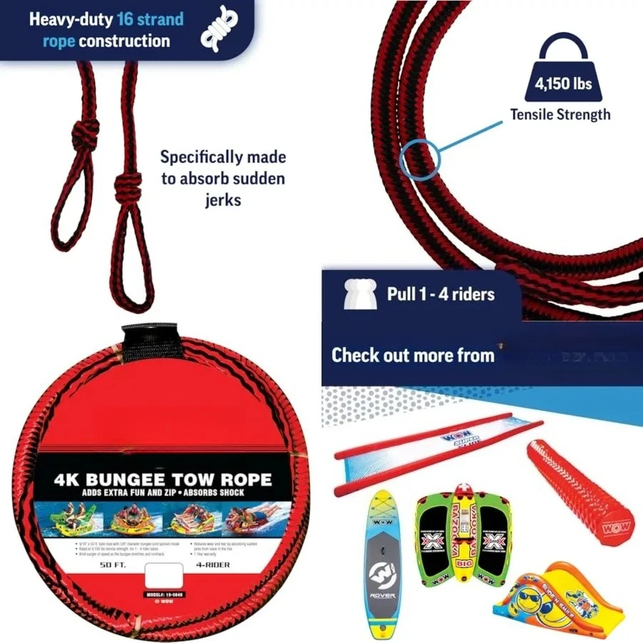 Bungee Tow Rope 50 Feet Long, Black, Standard,150-lb break strength rated for 1-4 riders on towable tubes and inflatables.Elastic bungee core reduces snap-load stress on connections and boat cleats during acceleration.
Bungee Tow Rope 50 Feet Long, Black, Standard,150-lb break strength rated for 1-4 riders on towable tubes and inflatables.Elastic bungee core reduces snap-load stress on connections and boat cleats during acceleration.