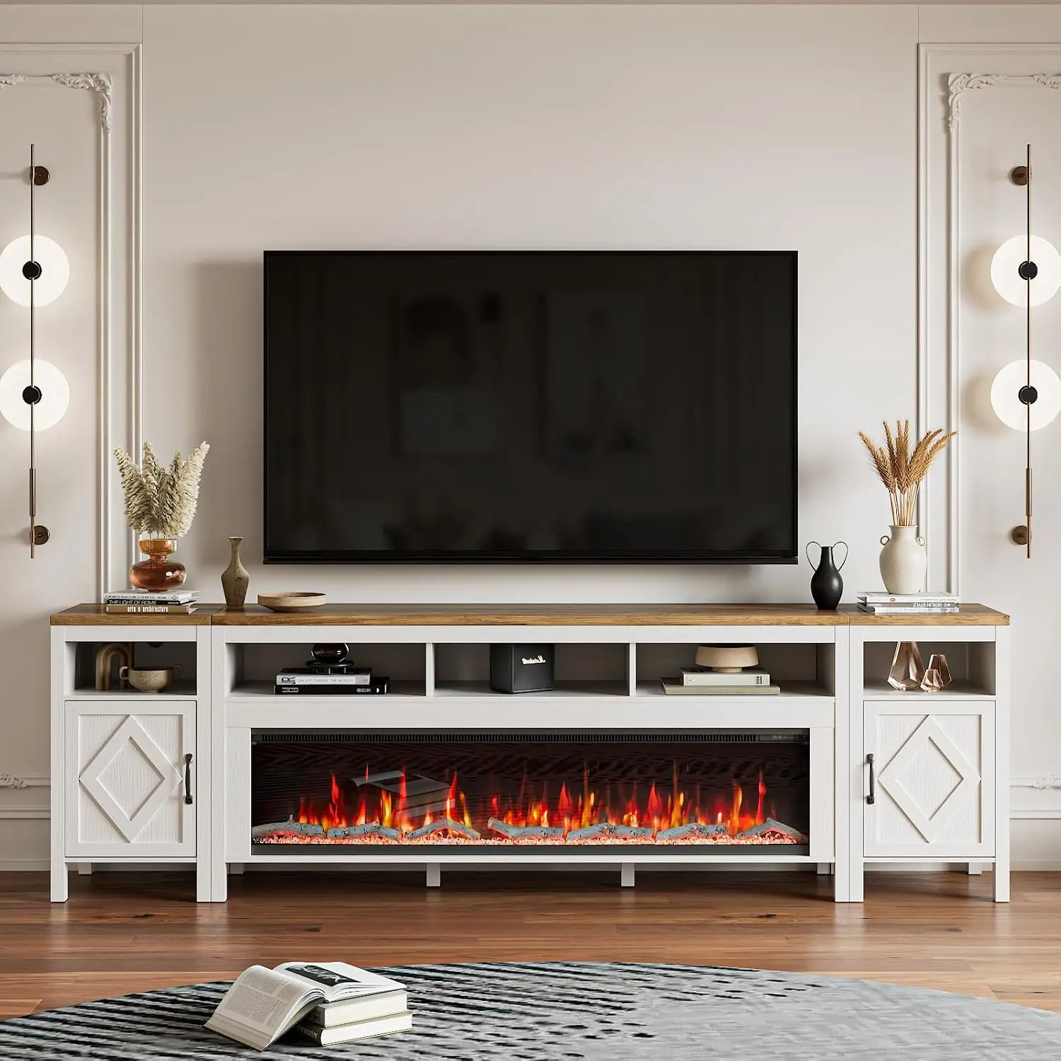 Fireplace TV Stand for TVs Up to 110 Inch,Modern Entertainment Center with 60" Electric Fireplace,White TV Console with Storage
Fireplace TV Stand for TVs Up to 110 Inch,Modern Entertainment Center with 60" Electric Fireplace,White TV Console with Storage