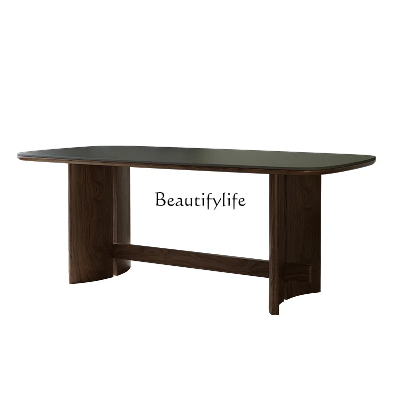Solid wood dining table Nordic wabi style walnut color rectangular black rock slab dining table
Solid wood dining table Nordic wabi style walnut color rectangular black rock slab dining table