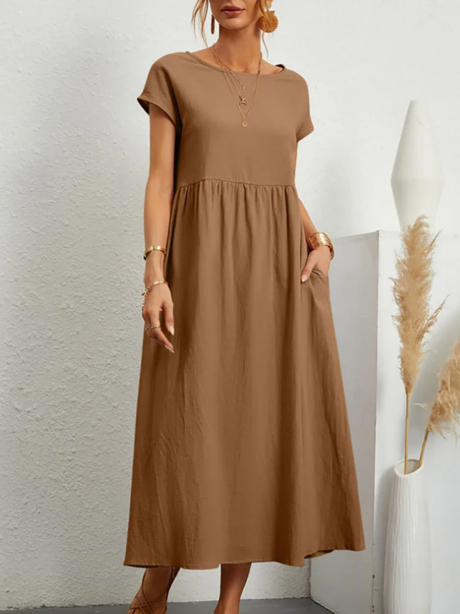 Onecozyday Women's Boat Neck Cotton Linen Midi Dress Casual Short Sleeve High Waist Loose A Line Solid Summer Dress With Pockets
Onecozyday Women's Boat Neck Cotton Linen Midi Dress Casual Short Sleeve High Waist Loose A Line Solid Summer Dress With Pockets