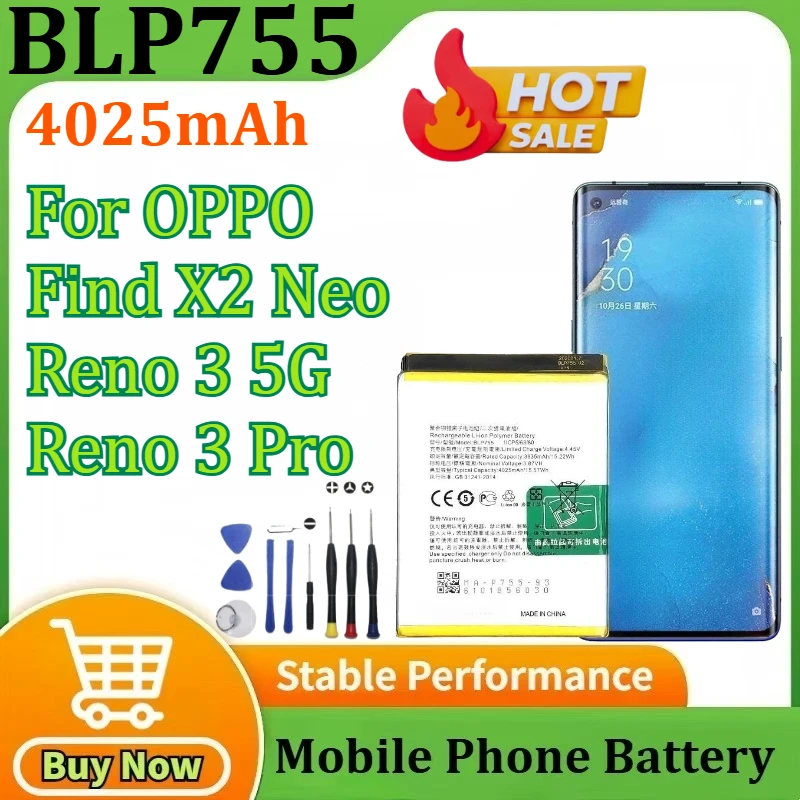 New Battery BLP755 4025mAh for OPPO Find X2 Neo Reno 3 5G/Reno 3 Pro/Reno3 Pro 5G Mobile Phone Battery + Tools
New Battery BLP755 4025mAh for OPPO Find X2 Neo Reno 3 5G/Reno 3 Pro/Reno3 Pro 5G Mobile Phone Battery + Tools