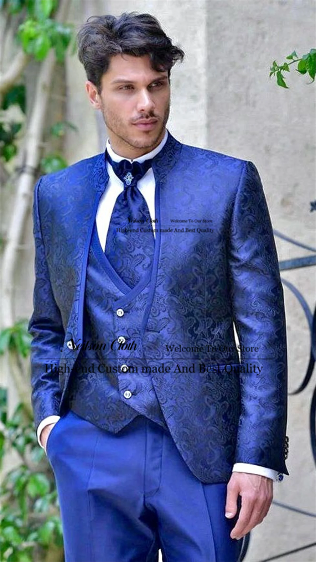 Blue Jacquard Male Prom Blazers 3 Pieces Sets Stand Collar Groom Wedding Tuxedos For Men Customized Slim Fit Costume Homme
Blue Jacquard Male Prom Blazers 3 Pieces Sets Stand Collar Groom Wedding Tuxedos For Men Customized Slim Fit Costume Homme