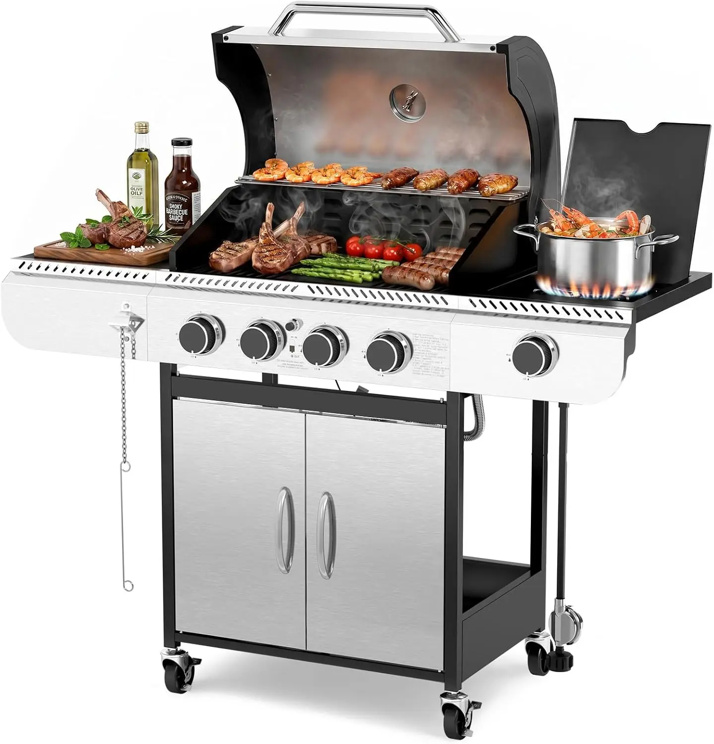 Outdoor Gas Grill with 4 Burners and Side Burner - 42,000 BTU Stainless Steel BBQ, Enameled Cast Iron Grates, Pull-Out Grease Tray for Backyard Barbecues
Outdoor Gas Grill with 4 Burners and Side Burner - 42,000 BTU Stainless Steel BBQ, Enameled Cast Iron Grates, Pull-Out Grease Tray for Backyard Barbecues