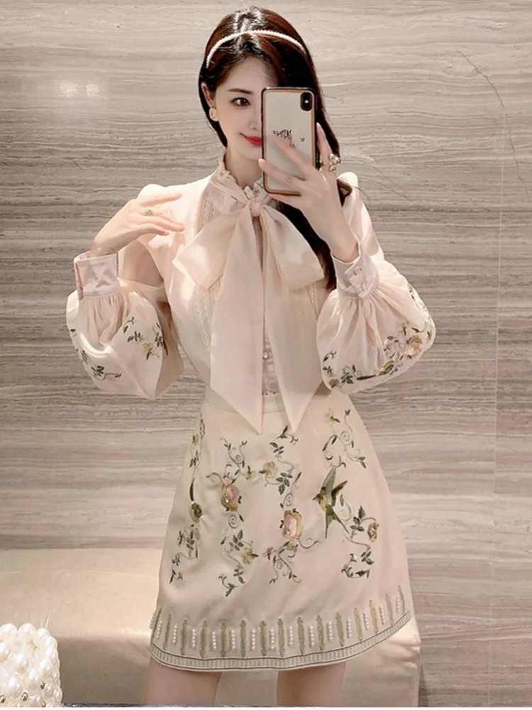 Spring Vintage Floral Embroidered Lantern Sleeves Bows Chiffon Blouse Shirt Mini Skirt 2 Piece Set For Women Beaded Skirt Suits
Spring Vintage Floral Embroidered Lantern Sleeves Bows Chiffon Blouse Shirt Mini Skirt 2 Piece Set For Women Beaded Skirt Suits