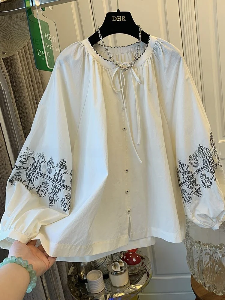 Large Size 300 Pounds Embroidered Lantern Long Sleeve round Neck Shirt Unisex Casual Loose Doll Shirt Top for Autumn
Large Size 300 Pounds Embroidered Lantern Long Sleeve round Neck Shirt Unisex Casual Loose Doll Shirt Top for Autumn