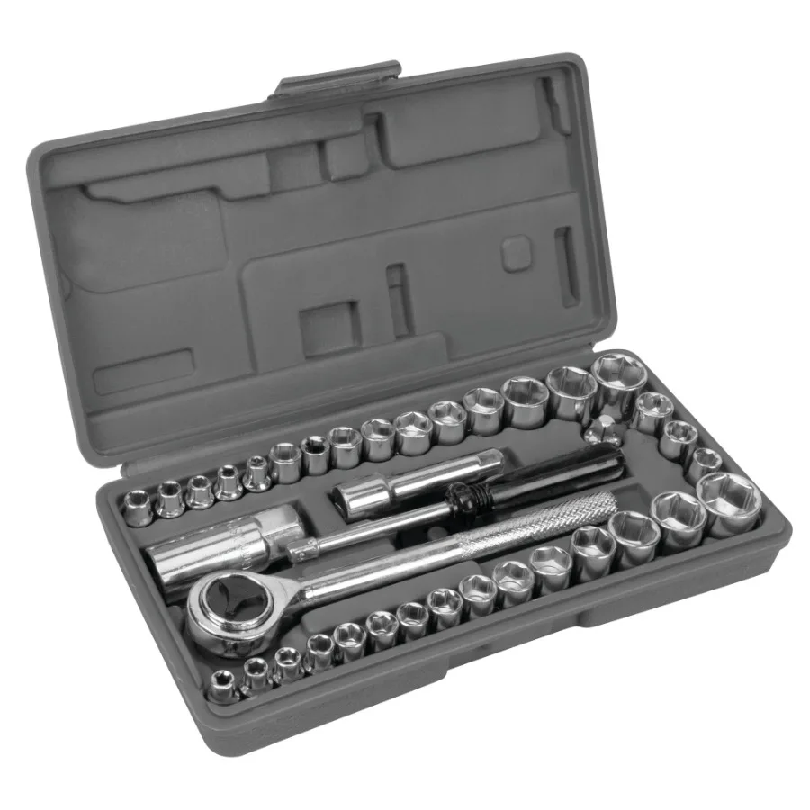 40-Piece SAE and Metric Socket Set for Automotive Repair 1/4-Inch 3/8-Inch Drive, Durable Chrome Finish, Compact Storage Case,
40-Piece SAE and Metric Socket Set for Automotive Repair 1/4-Inch 3/8-Inch Drive, Durable Chrome Finish, Compact Storage Case,