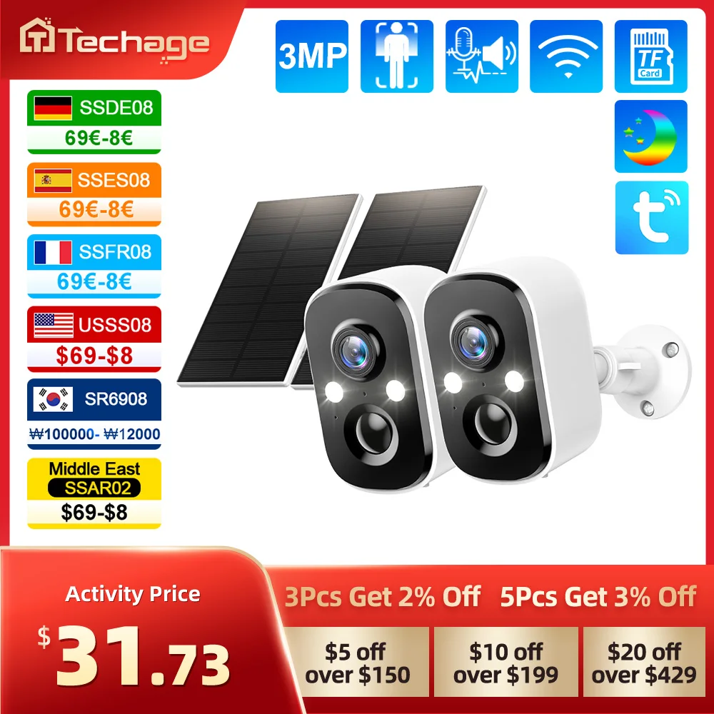 Techage Tuya 3MP Wireless Solar Battery IP Camera Outdoor Security WiFi PIR Camera Two-Way Audio Human Detection Support Alexa
Techage Tuya 3MP Wireless Solar Battery IP Camera Outdoor Security WiFi PIR Camera Two-Way Audio Human Detection Support Alexa