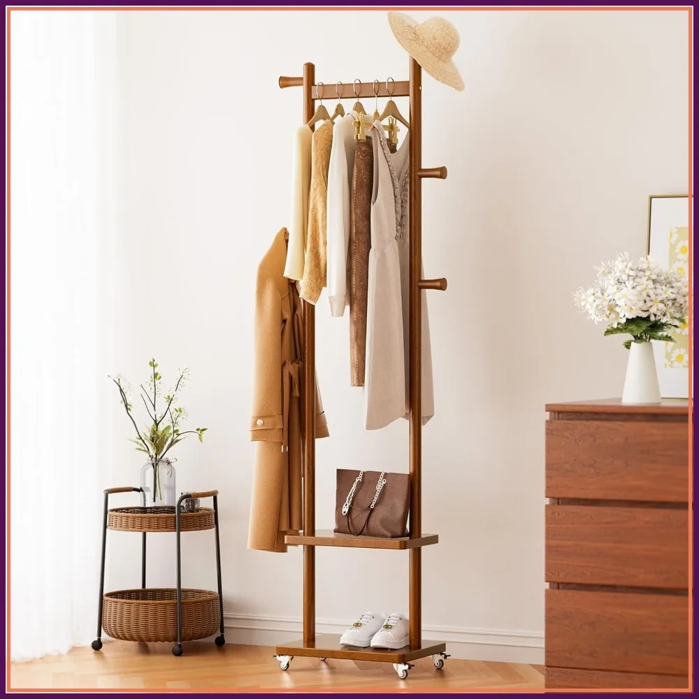 Solid Wood Coat Rack Freestanding with Wheels, 2 Shelves, 5 Hooks Heavy Duty Clothes Rack for Entryway
Solid Wood Coat Rack Freestanding with Wheels, 2 Shelves, 5 Hooks Heavy Duty Clothes Rack for Entryway