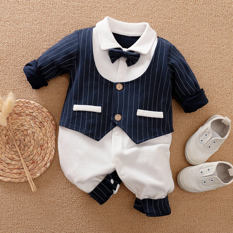 Newborn Boy Baby Simple Casual Fashionable Versatile Striped Gentleman Style Butterfly Knot Splicing Navy Blue Baby Jumpsuit
Newborn Boy Baby Simple Casual Fashionable Versatile Striped Gentleman Style Butterfly Knot Splicing Navy Blue Baby Jumpsuit
