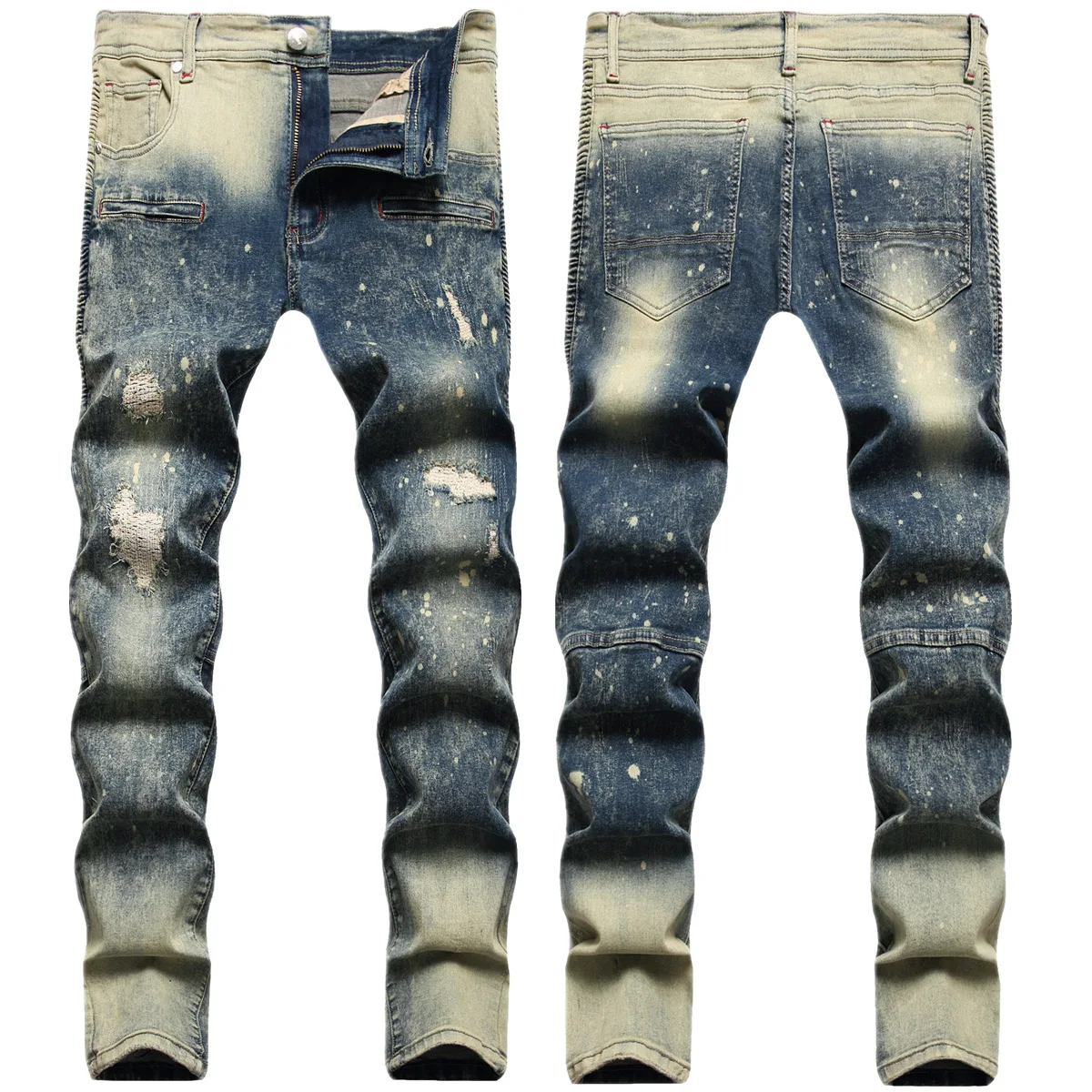 New European and American hole patch locomotive nostalgic color retro elastic trend small straight jeans men
New European and American hole patch locomotive nostalgic color retro elastic trend small straight jeans men