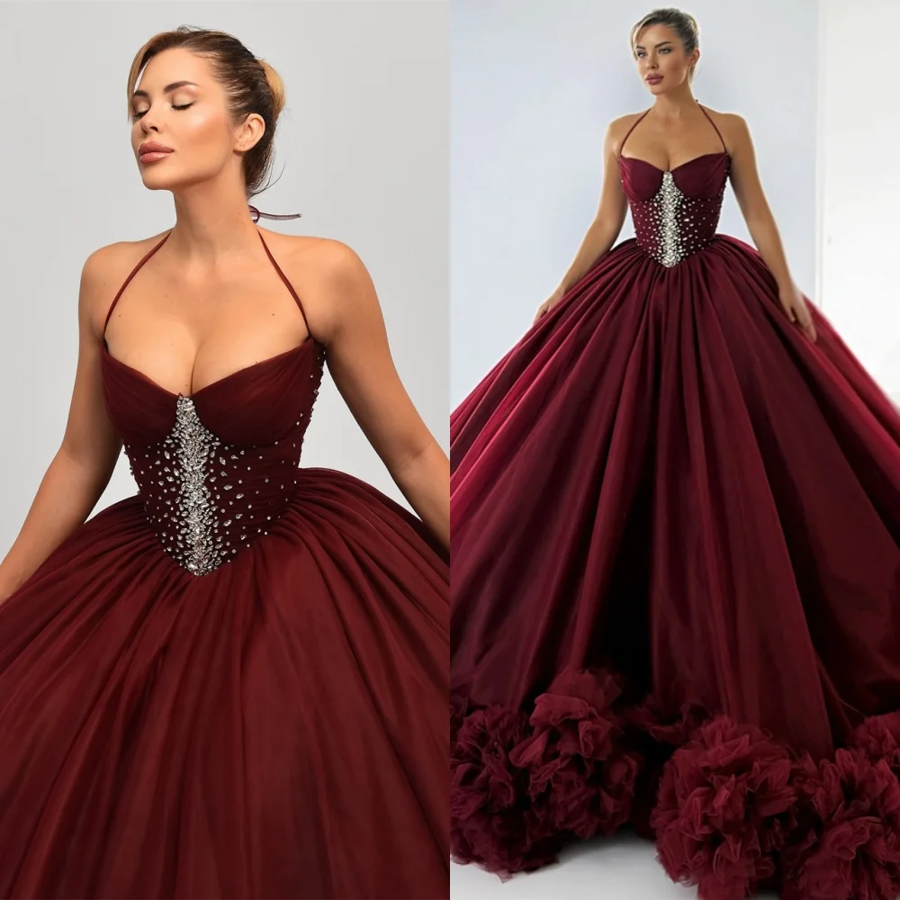 Customized Exquisite Burgundy Tulle Celebrity Gowns Elegant Halter Sleeveless Evening Dress Temperament Special Occasion Gowns 
Customized Exquisite Burgundy Tulle Celebrity Gowns Elegant Halter Sleeveless Evening Dress Temperament Special Occasion Gowns