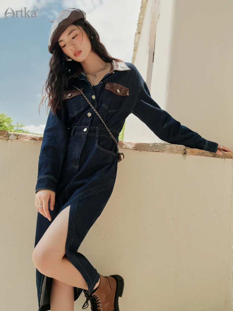 ARTKA 2022 Autumn New Women Dress Fashion Casual Lapel Dark Denim Dresses Long Sleeve Side Split Midi Dress With Bag LN92031Q
ARTKA 2022 Autumn New Women Dress Fashion Casual Lapel Dark Denim Dresses Long Sleeve Side Split Midi Dress With Bag LN92031Q