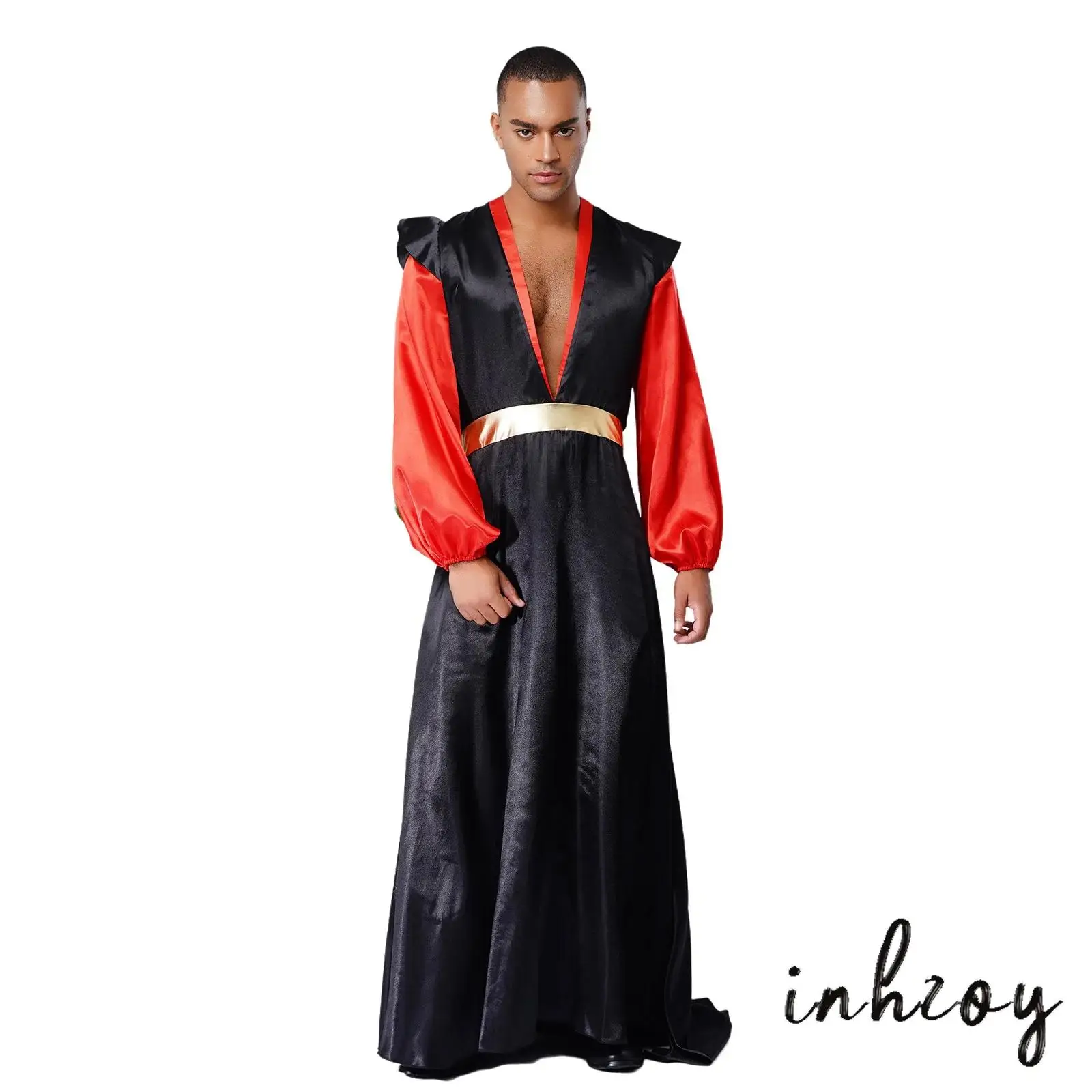 Men Arabian Roman Villain Costume Halloween Party Outfit Deep V Neck Long Lantern Sleeves Satin Robe with Removable Cape
Men Arabian Roman Villain Costume Halloween Party Outfit Deep V Neck Long Lantern Sleeves Satin Robe with Removable Cape