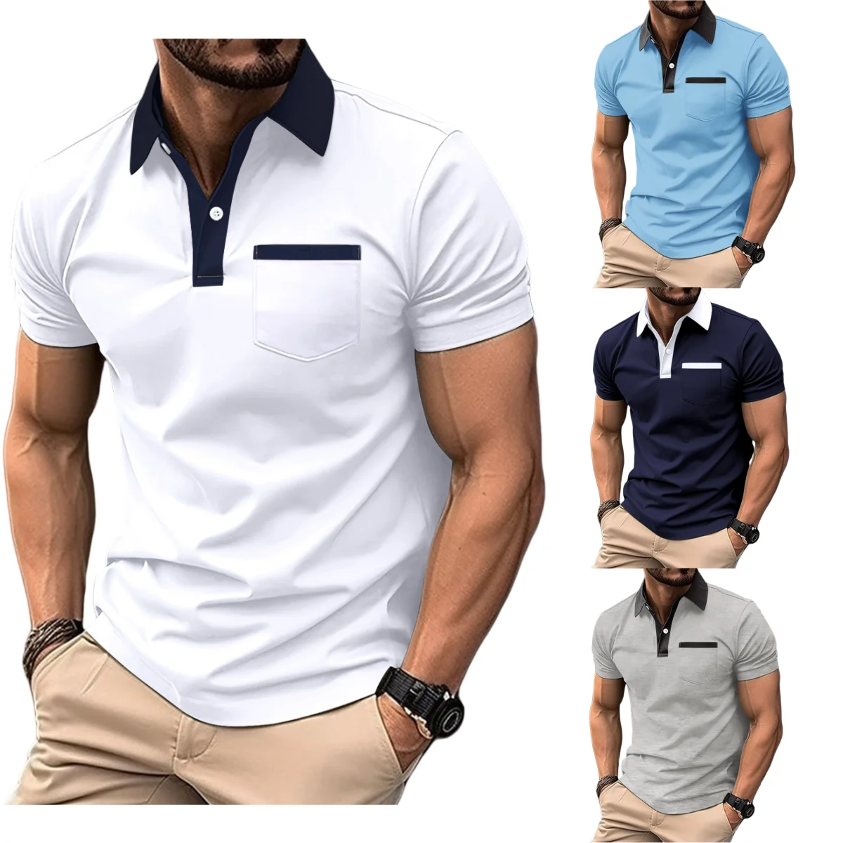 2025 new men's lapel fashion slim T-shirt pocket color matching short-sleeved men's solid color T-shirt POLO shirt
2025 new men's lapel fashion slim T-shirt pocket color matching short-sleeved men's solid color T-shirt POLO shirt
